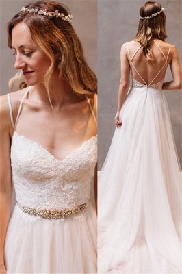 Elegant Lace Crystals Spaghetti Straps Wedding Dresses | See Through Lace Up Sleeveless  Bridal Gowns_1