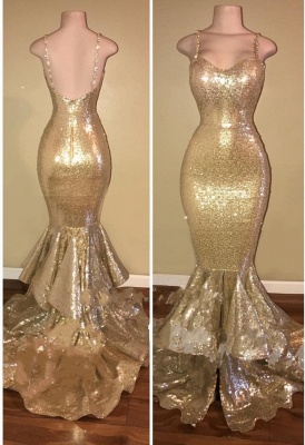 Gold Spaghetti Straps Layers-Train Sequins Mermaid Shiny Long Prom Dresses_2