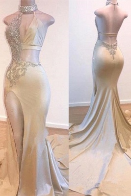 Crystal Halter Side Slit Long Prom Dresses  | Custom Made A-line Open Back Sleeveless Evening Dresses_1