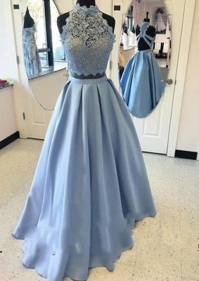 High Neck Two Piece Blue Custom Made A-line Lace Prom Dresses  LPL071_2