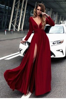 Sexy Red Long Sleeve V-neck Prom Dress | Front Split Evening Gown_2