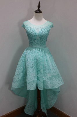 Sleeves Custom Made A-line Dresses Sequins Scoop High-Low Cap Lace Homecoming Long Prom Dresses_2