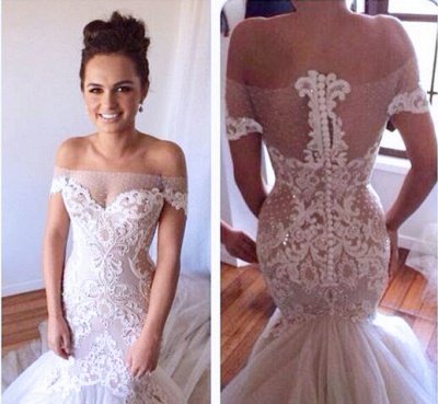 Wedding Dresses Real Sample strapless Tulle Lace Appliques Mermaid Wedding Dresses_2