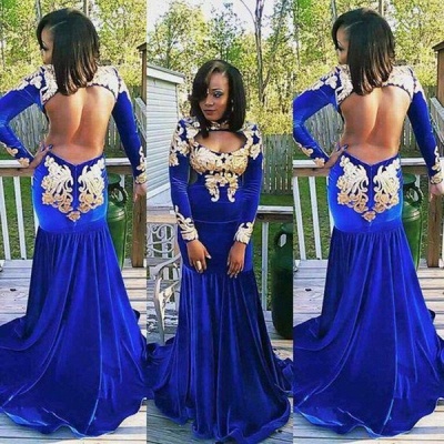 Long-Sleeve Zipper Gorgeous Appliques Mermaid Royal-Blue Prom Dress | Plus Size Prom Dress_3
