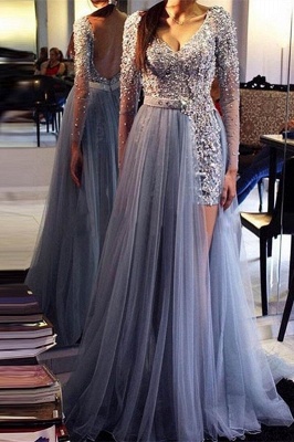 Delicate Long Sleeve A-line Evening Dress | Crystals Evening Dress_2