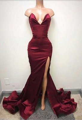 Sexy Front Split Sweep Train Evening Gowns | Sleeveless Sweetheart Prom Dresses_2