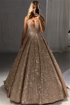 Shiny Gold Ball Gown Evening Dresses | Sexy V-Neck Sequin Prom Dresses_2