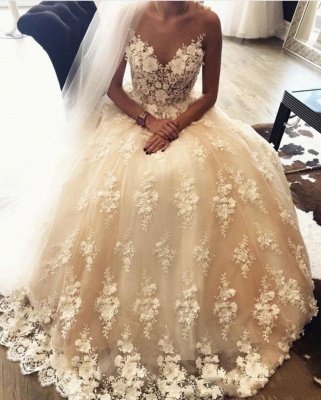 A-Line Sweep Train Lace Appliques Exquisite 3D-Floral Sweetheart Wedding Dresses_3