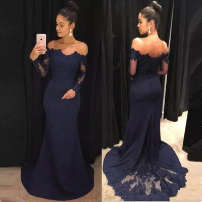 Long Sleeve Navy Blue Formal Dresses |  Lace Long Prom Dresses_3