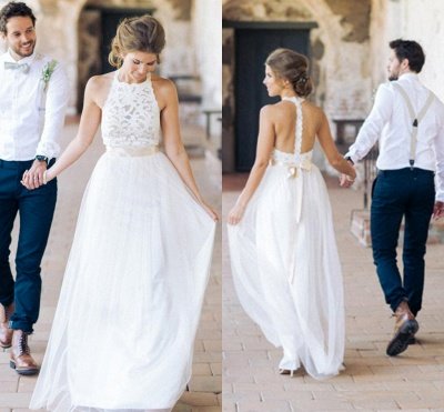 Floor Length A-Line Cheap Halter Tulle Sleeveless Wedding Dresses Online_4