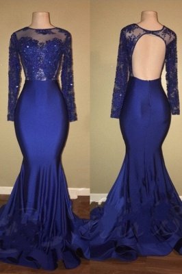 Royal Blue Beaded Long Sleeve Ruffles Skirt Mermaid Prom Dresses_2