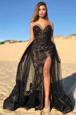 2021 Sexy Black Sweetheart Ballkleider | Perlen Side Slit Overskirt Günstige Abendkleid_2