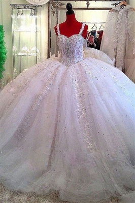 Correas espaguetis Cristales lujosos vestidos de novia | Vestidos de novia de encaje de tul hinchado vestido de bola_2