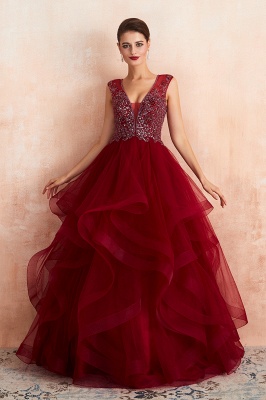 Amazing Deep V-Neck Burgundy Layers Tulle Long Evening Dress Sparkly Beadings Sequins Party Dress_4