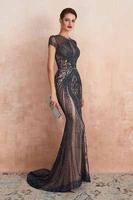 Glamouröses schwarzes Meerjungfrau-Abschlussballkleid mit kurzen Ärmeln und Schlüsselloch, langes Abendkleid_16