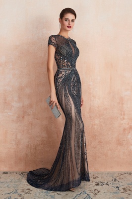 Glamorous Black Listones Sirena Vestido de fiesta Mangas cortas Key Hole Vestido de noche largo_16