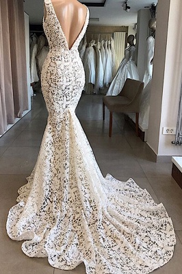 Glamorous V-Neck Floral lace Mermaid Bridal Dress Sleeveless Long Wedding Dresses_3