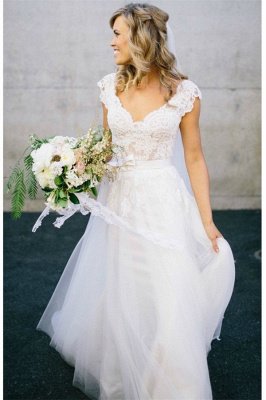 Lace Tulle Sexy V-neck Sleeveless  Floor Length Wedding Dresses_2
