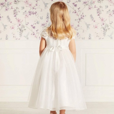 Cute Jewel Puffy Sleeves A-line Lace Tulle White Flower Girl Dresses with Belt_2