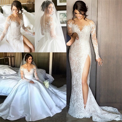 Satin Elegant A-Line Wedding Dresses Long Sleeve Lace Appliques Bridal Gowns_4