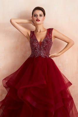 Amazing Deep V-Neck Burgundy Layers Tulle Long Evening Dress Sparkly Beadings Sequins Party Dress_9