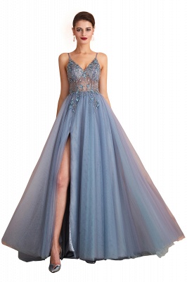 Stunning Spaghetti Straps Beadings Long Evening Dress Tulle V-Neck Side Split Prom Dress_2