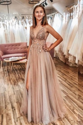 Stunning Spaghetti Straps Beadings Long Evening Dress Tulle V-Neck Side Split Prom Dress_14