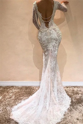 Lace Mermaid Long Sleeve Wedding Dresses | Sexy Open Back Long Evening Dresses with Pearl Chains_3