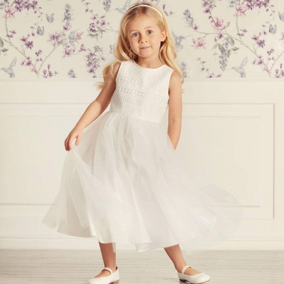 Robe de fille de fleur en dentelle de tulle Robe de fête d'anniversaire à col bijou_4