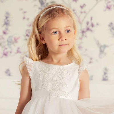 Cap Sleeves Lace Tulle Flower Girl Dress with Ribbon Belt_3