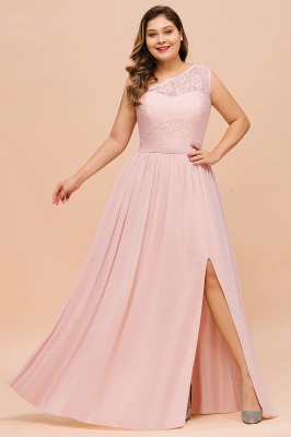 Plus Size One Shoulder Lace Chiffon Bridesmaid Dress Pink Long Wedding Guest Dress_4