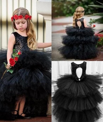 Schwarzes ärmelloses Tüll Blumenmädchenkleid PettiSkirt Ballkleid_3