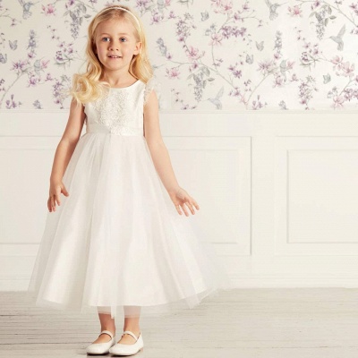 Cap Sleeves Lace Tulle Flower Girl Dress with Ribbon Belt_4