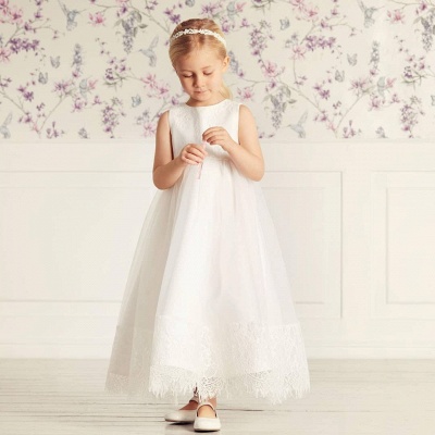 Schönes ärmelloses Prinzessin kleines Mädchen Kleid Jewel Neck Tüll Spitzenkleid für Braut Mädchen_4