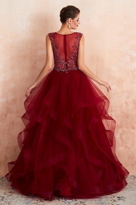 Incroyable Deep V-Neck Burgundy Layers Tulle Robe de soirée longue Sparkly Beadings Sequins Party Dress_5