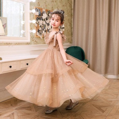 V-Neck Puffy Sleeves Tulle Two Layers Princess Dress for Little Girls_3