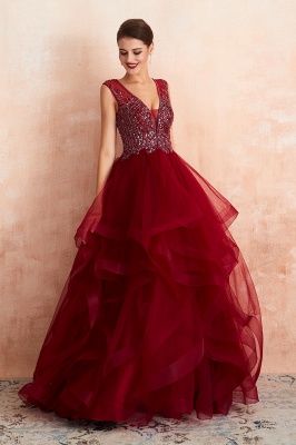 Amazing Deep V-Neck Burgundy Layers Tulle Long Evening Dress Sparkly Beadings Sequins Party Dress_7