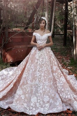 Sexy Pink Off The Shoulder Wedding Dresses |  Lace Appliques Chapel Train Bridal Dresses_2