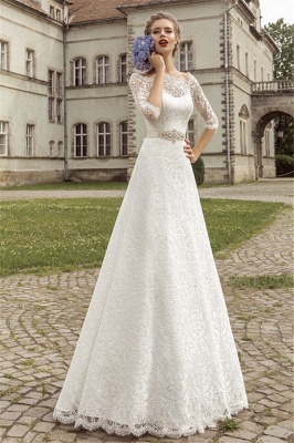 Royal Full Lace Bridal Gowns Half Sleeve A-line Wedding Dress with Crystal Sash VK036_1