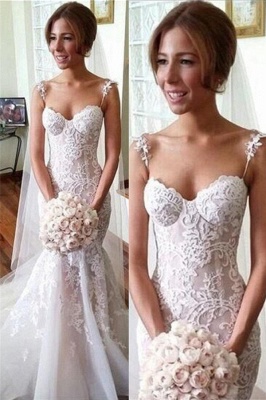 Applique Sleeveless Tulle Spaghetti-Strap Mermaid Long Wedding Dresses  Online_2