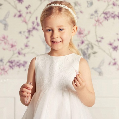 Schönes ärmelloses Prinzessin kleines Mädchen Kleid Jewel Neck Tüll Spitzenkleid für Braut Mädchen_3