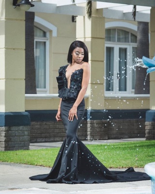 Appliques Black Prom Dresses with Court Train | Mermaid Sexy Sheer Tulle Evening Gowns_2