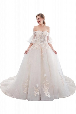 Sexy Off The Shoulder Floor Length Lace Appliques Tulle Ball Gown Wedding Dresses_1