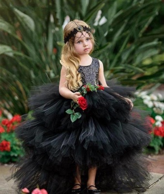 Schwarzes ärmelloses Tüll Blumenmädchenkleid PettiSkirt Ballkleid_4