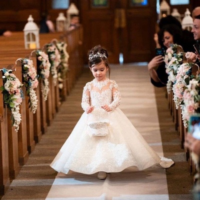 Manga larga Princesa Vestidos largos de encaje para niña de flores_2