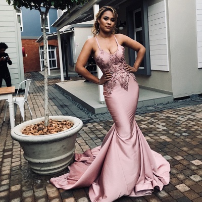 Spaghetti Straps Mermaid Pink Prom Dresses | Beads Appliques Open Back Sexy Evening Gowns_3