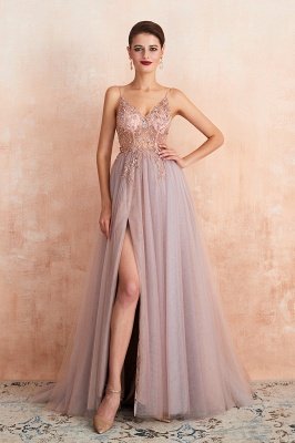 Stunning Spaghetti Straps Beadings Long Evening Dress Tulle V-Neck Side Split Prom Dress_8