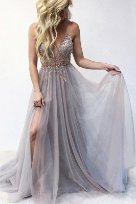 Stunning Spaghetti Straps Beadings Long Evening Dress Tulle V-Neck Side Split Prom Dress_16