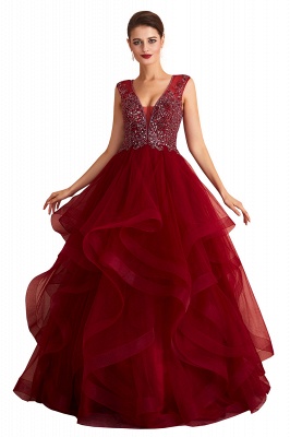 Amazing Deep V-Neck Burgundy Layers Tulle Long Evening Dress Sparkly Beadings Sequins Party Dress_1