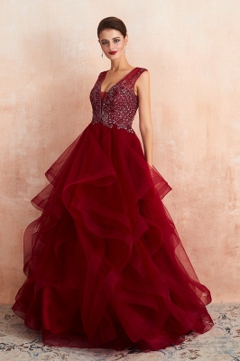 Amazing Deep V-Neck Burgundy Layers Tulle Long Evening Dress Sparkly Beadings Sequins Party Dress_6